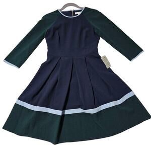 1901 NWT Sz4 Navy Blue Green block pleated fit n flare‎ dress. Formal. Proper